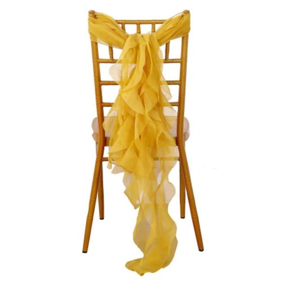 1 Set Mustard Yellow Chiffon Hoods With Ruffles Willow 250 Chair Sashes - Picture 2 of 3